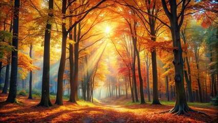 Sticker - Oil painting of a stunning autumn forest with warm sunshine filtering through the trees , forest, autumn, landscape