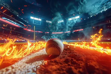 a baseball stadium, ultra realistic baseball bat hitting fire baseball causing explosion between bat