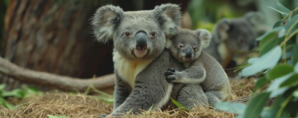 A mother koala holds her baby koala on her back, set against a backdrop of their natural leafy habitat, showcasing an intimate moment in wildlife.