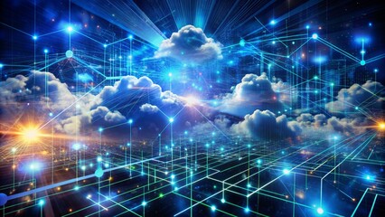 Complex digital background with network nodes, data streams, and code fragments amidst swirling clouds of binary data and circuitry.