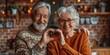 © Kevin - Close up portrait happy sincere middle aged elderly retired family couple making heart gesture with fingers, showing love or demonstrating sincere feelings together indoors, Generative AI