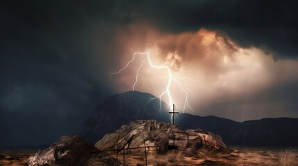 Wall Mural - Christian religious cross on mountain, symbol of faith, night clouds background, lightning. AI generated.