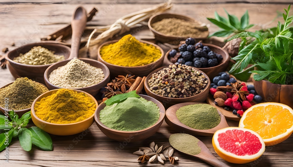 Adaptogen healthy food with herbs, spices, fruit and supplement powders ...