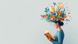 © Naphatson - Woman reading a book with flowers growing from her head, representing inspiration and knowledge.