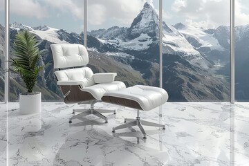 Poster - Luxurious white lounge chair with mountain view creating a serene and sophisticated setting for elegant designs.