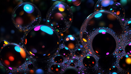 Wall Mural - Abstract background with smooth 3D sphere bubbles and droplets that rotates in swirling motion of kaleidoscopic pattern, composition of bouncing, spinning ball spheres on background with bokeh effect