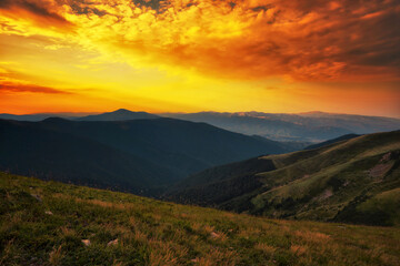 Sticker - summer scene, scenic sunset view in the mountains, Carpathian mountains, Ukraine, Europe