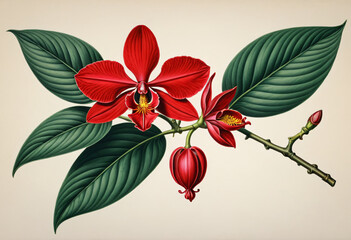 Wall Mural - Vintage drawing of red orchid