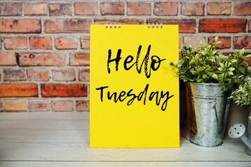 Poster - Hello Thursday text message and artificial plant in metal vase decoration on wooden background