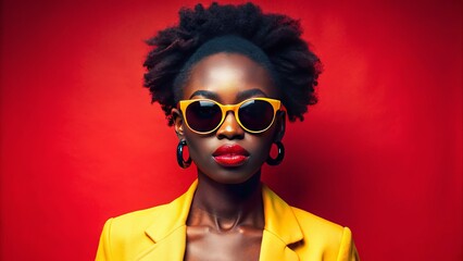 Vibrant yellow clothed African woman, donning trendy shades, stands confidently against bold red backdrop, exuding pop culture fashion swagger.