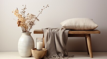 Canvas Print - A cozy wooden stool with a small glass vase holding dried flowers