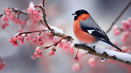 Wall Mural - A beautiful bullfinch in winter