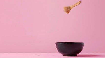 Wall Mural - Bowl and brush levitation on pink background with copy space