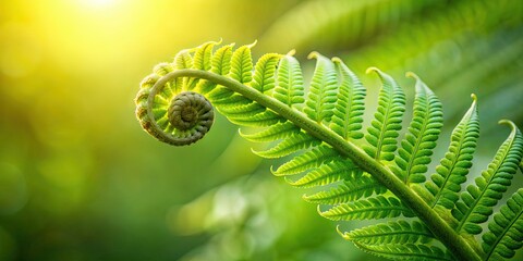 Wall Mural - Lush green fern leaf unfurling in soft morning light, fern, leaf, green, unfurling, morning light, soft, nature, plant, growth