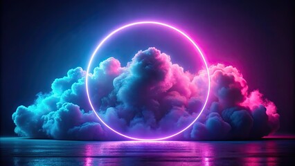 Canvas Print - Luminous embrace A neon-lit cloud surrounded by a glowing round frame, neon, embrace, cloud, glowing, round, frame