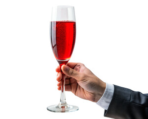 Hand holding red champagne wine glass goblet. A businessman in a suit holds a glass of alcohol isolated on transparent background