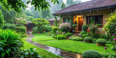 Lush green garden outside a cozy home on a rainy day, home, garden, rain, lush, green, cozy, outside, weather, plants