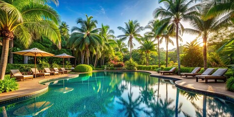 Canvas Print - Luxurious tropical resort pool surrounded by lush greenery and palm trees , vacation, relaxation, exotic, paradise, leisure