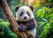 © Sirinporn - Chubby baby panda grips a tree branch with tiny paws, its fluffy fur and curious gaze captivating audiences in a serene forest habitat setting.