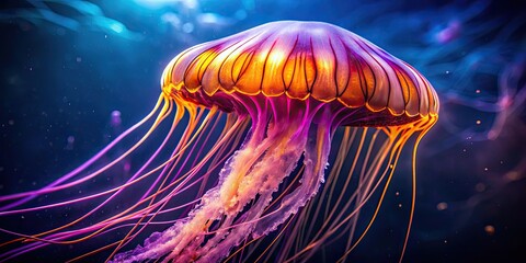 Canvas Print - View of majestic jellyfish in the ocean, a jellyfish with a glowing orange and purple color , majestic, ocean, sea