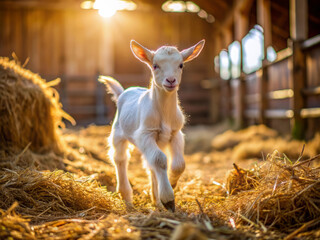 Adorable white baby goat runs freely through sunlit barn, surrounded by rustic hay bales, embodying carefree farm life and playful youthful innocence in serene setting.