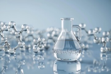 Poster - Clear laboratory flask with a molecular structure in the background creating a clean and modern scientific design.