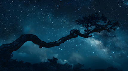 Wall Mural - A tree is silhouetted against a dark sky with a few stars visible