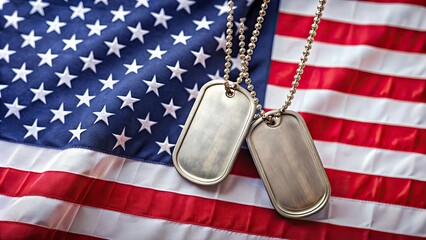 Military dog tags displayed on patriotic American flag background, dog tags, military, American flag, patriotism