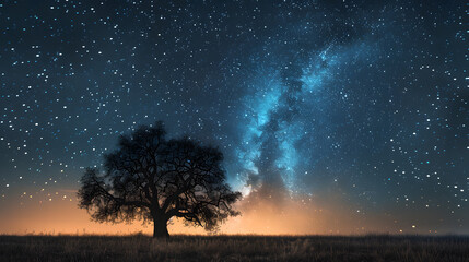 Wall Mural - A tree is standing in a field of grass under a starry sky