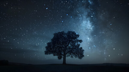 A tree is standing in a field of grass under a starry sky
