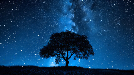 a tree is standing in a field of grass under a starry sky