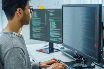 Wall Mural - asian man prompt engineer develop coding app with software data sitting in front of computer monitor