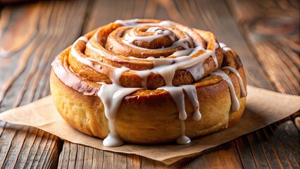 Wall Mural - Warm, gooey cinnamon roll with a generous drizzle of icing , delicious, breakfast, bakery, sweet, dessert, pastry