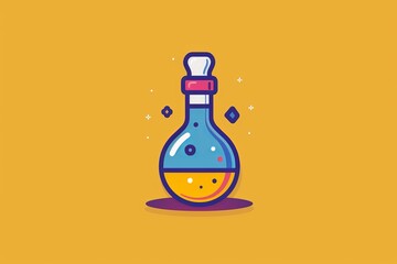 Poster - Colorful flask illustration with orange liquid, chemistry and science theme, vector art on yellow background