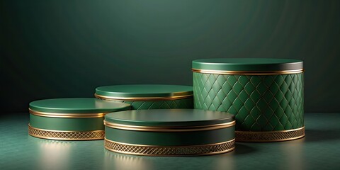 Canvas Print - Round pedestals with green cylinder and gold decorations , , render,round, pedestals, green, cylinder, gold, decor, furniture