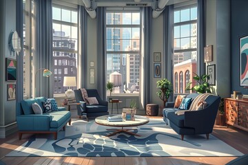 Sticker - Modern interior living room design with natural light, cozy and stylish home decor, photo-realistic 3D rendering