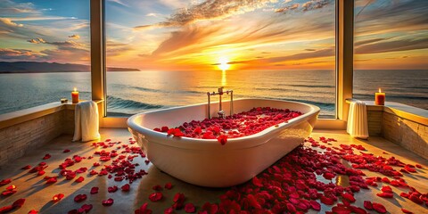 Sticker - Romantic scene with rose petals and a lovingly decorated bath with ocean view at sunset, romance, love, intimacy, relaxation