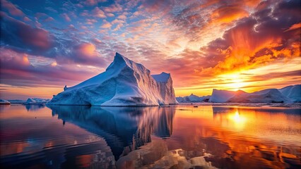 Poster - Iceberg at sunset with stunning orange and pink hues reflecting off the ice, Iceberg, sunset, ocean, nature, beauty