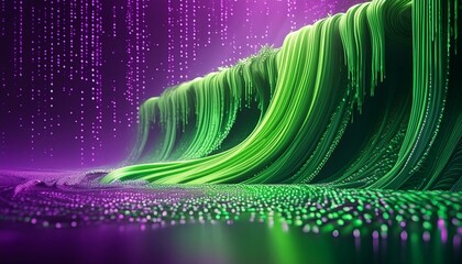 Wall Mural - Bright green binary code cascading down like a waterfall, set against a deep, smooth purple 