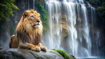 Canvas Print - Lion sitting majestically by a serene waterfall, lion, water, powerful, nature, majestic, wild, jungle, wildlife