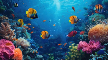 Wall Mural - Vibrant tropical fish swimming among coral reefs in a clear blue ocean, showcasing the diversity and beauty of marine life.