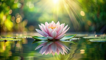 Poster - Glowing lotus flower reflecting in serene pond symbolizing purity and peace, lotus, glowing, flower, serene, pond, water