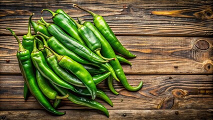 Wall Mural - Green chili peppers on rustic wooden background, green chili, peppers, spicy, organic, fresh, vegetarian, cooking