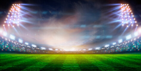 Wall Mural - stadium Moving lights, animated flash with people fans. 3d render illustration cloudy sunset	