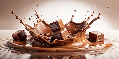 Wall Mural - High-speed photography capture of a chocolate splash with pieces of chocolate , chocolate, splash, high-speed, photography