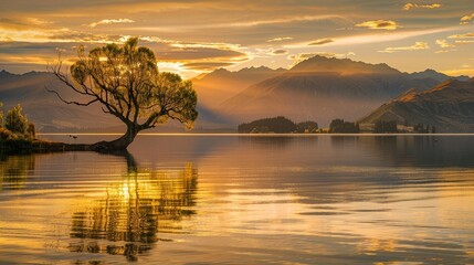 Wall Mural - The iconic Wanaka tree, bathed in the golden light of sunrise, stands in silent majesty in Lake Wanaka, its reflection enhancing the serene landscape of Wanaka, New Zealand.