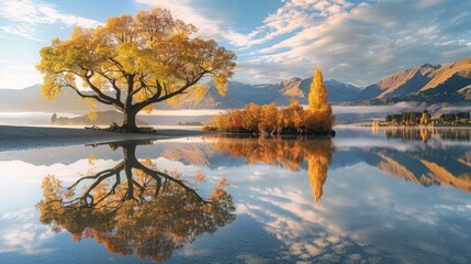 Poster - The iconic Wanaka tree, bathed in the golden light of sunrise, stands in silent majesty in Lake Wanaka, its reflection enhancing the serene landscape of Wanaka, New Zealand.