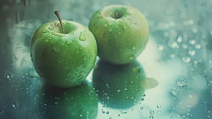 Poster - Two Green Apples with Water Drops on a Reflective Surface