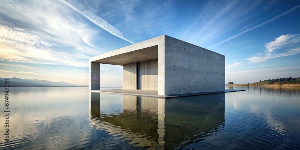 Modern structure with floating concrete cube above mirrored water ...