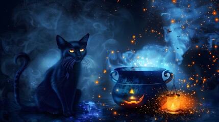 Canvas Print - black cat vector on halloween background